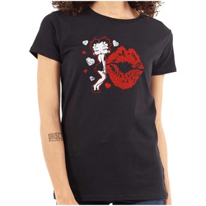 Betty Boop Blowing Kisses Lips Hearts Womens Slim Fit Graphic Tee(Black)