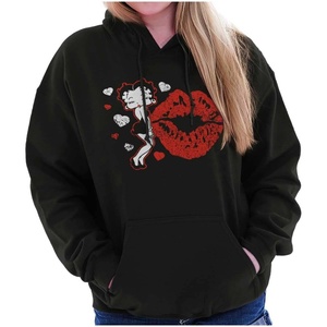 Brisco Brands Betty Boop Blowing Kisses Lips Hearts Hoodie Sweatshirt Women(Black)