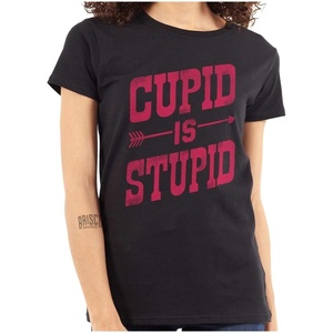 Brisco Brands Cupid is Stupid Anti Valentines Womens Slim Fit Graphic Tee(Black)