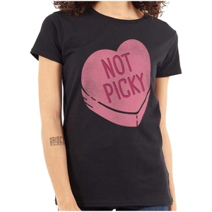 Not Picky Candy Heart Valentines Day Womens Slim Fit Graphic Tee(Black)