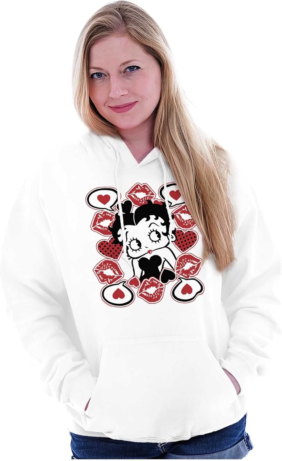 image:imageBrisco Brands Betty Boop Cartoon Hearts and Kisses Hoodie Sweatshirt WomenWhite