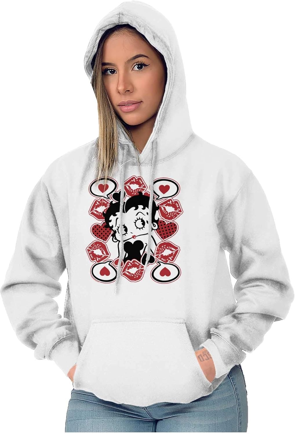 image:imageBrisco Brands Betty Boop Cartoon Hearts and Kisses Hoodie Sweatshirt WomenWhite