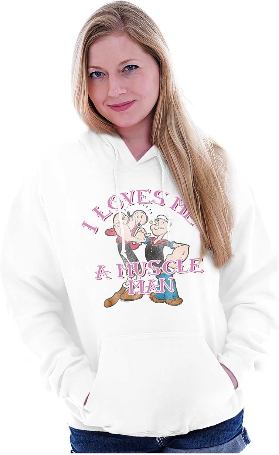 image:imageBrisco Brands I Loves Me A Muscle Man Olive Oyl Hoodie Sweatshirt WomenWhite