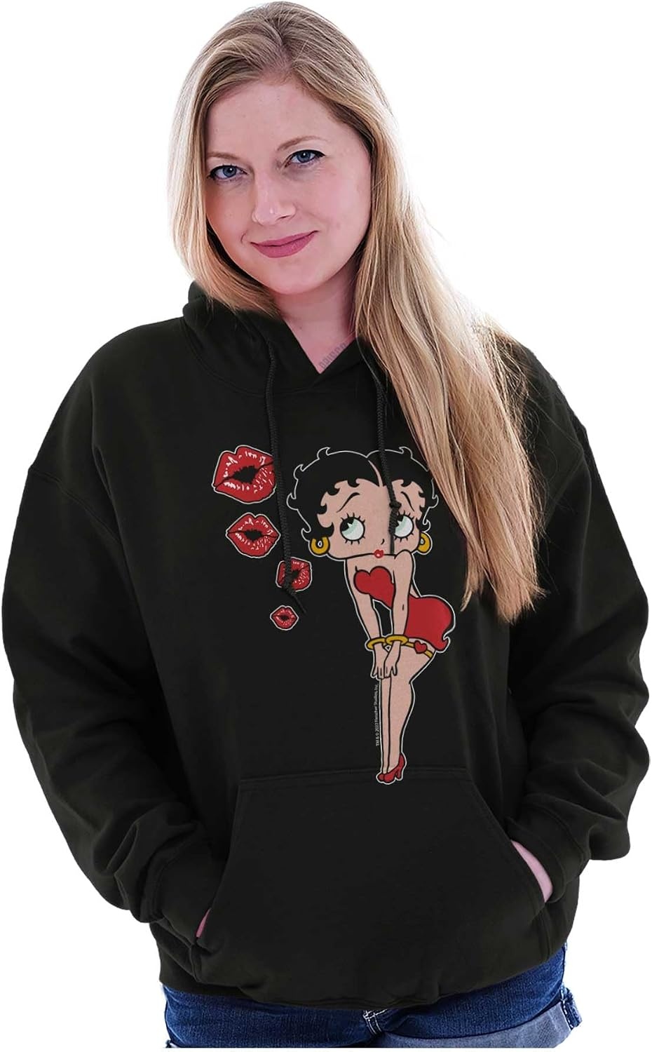 image:imageBrisco Brands Retro Betty Boop Cartoon Kissy Lips Hoodie Sweatshirt WomenBlack