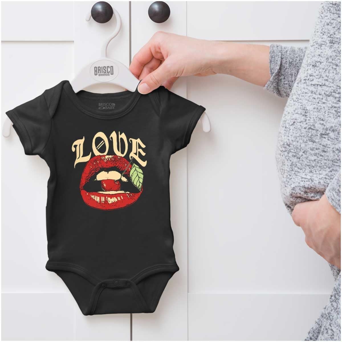 image:imageBrisco Brands Vintage Love Lips Biting Cherry Baby Romper Boys or GirlsBlack
