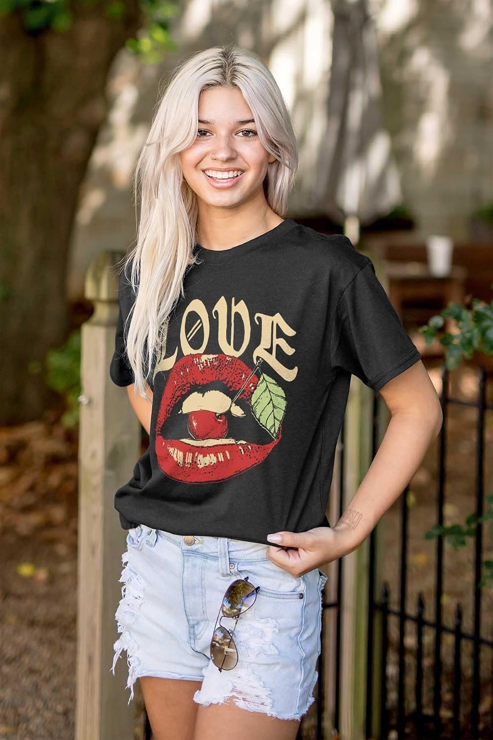 image:imageVintage Love Lips Biting Cherry Graphic T Shirt Men or WomenBlack