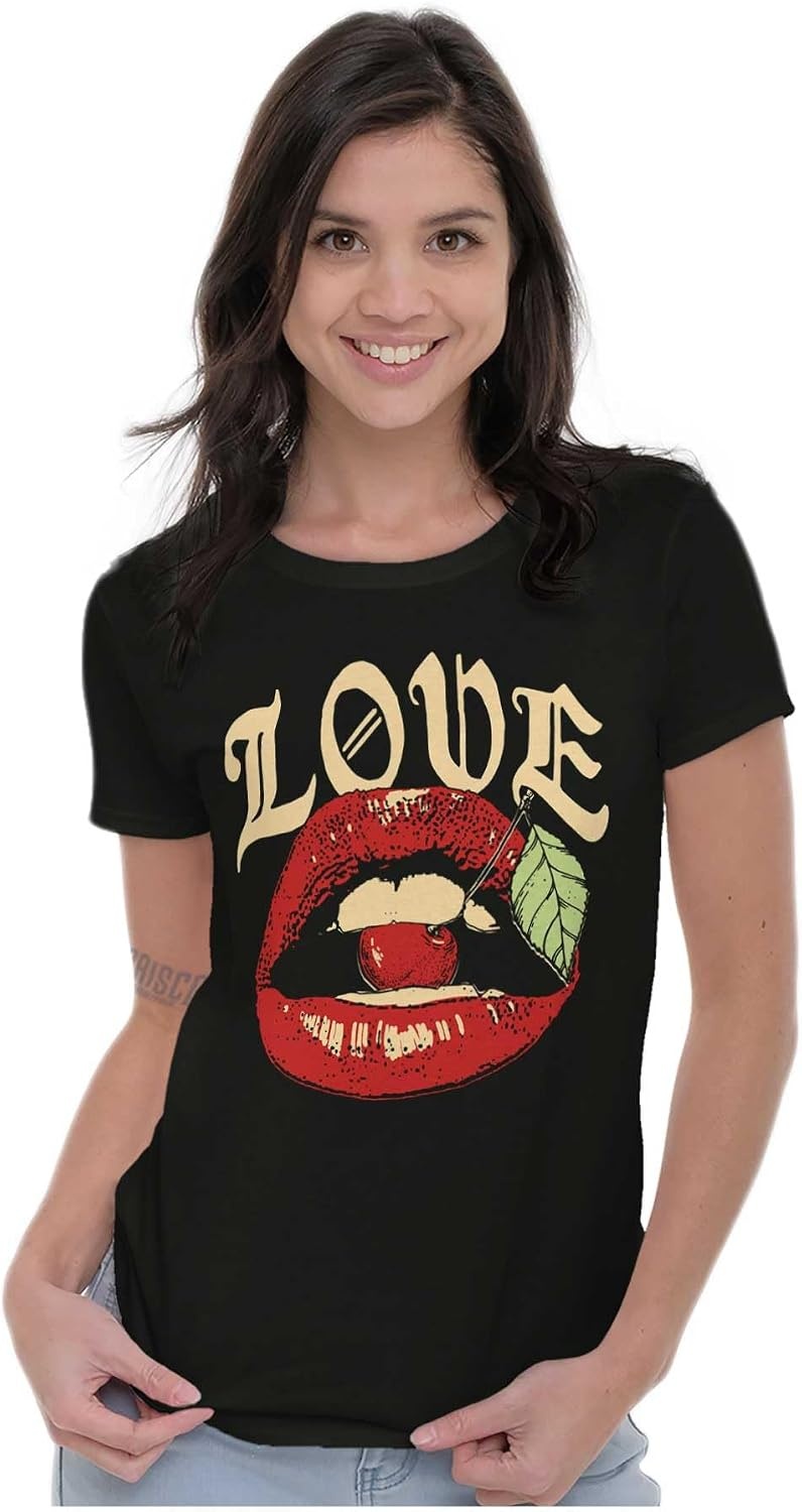image:imageVintage Love Lips Biting Cherry Womens Slim Fit Graphic TeeBlack