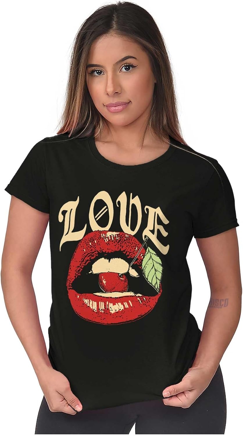 image:imageVintage Love Lips Biting Cherry Womens Slim Fit Graphic TeeBlack