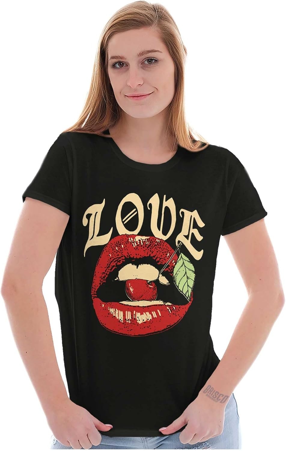 image:imageVintage Love Lips Biting Cherry Womens Slim Fit Graphic TeeBlack