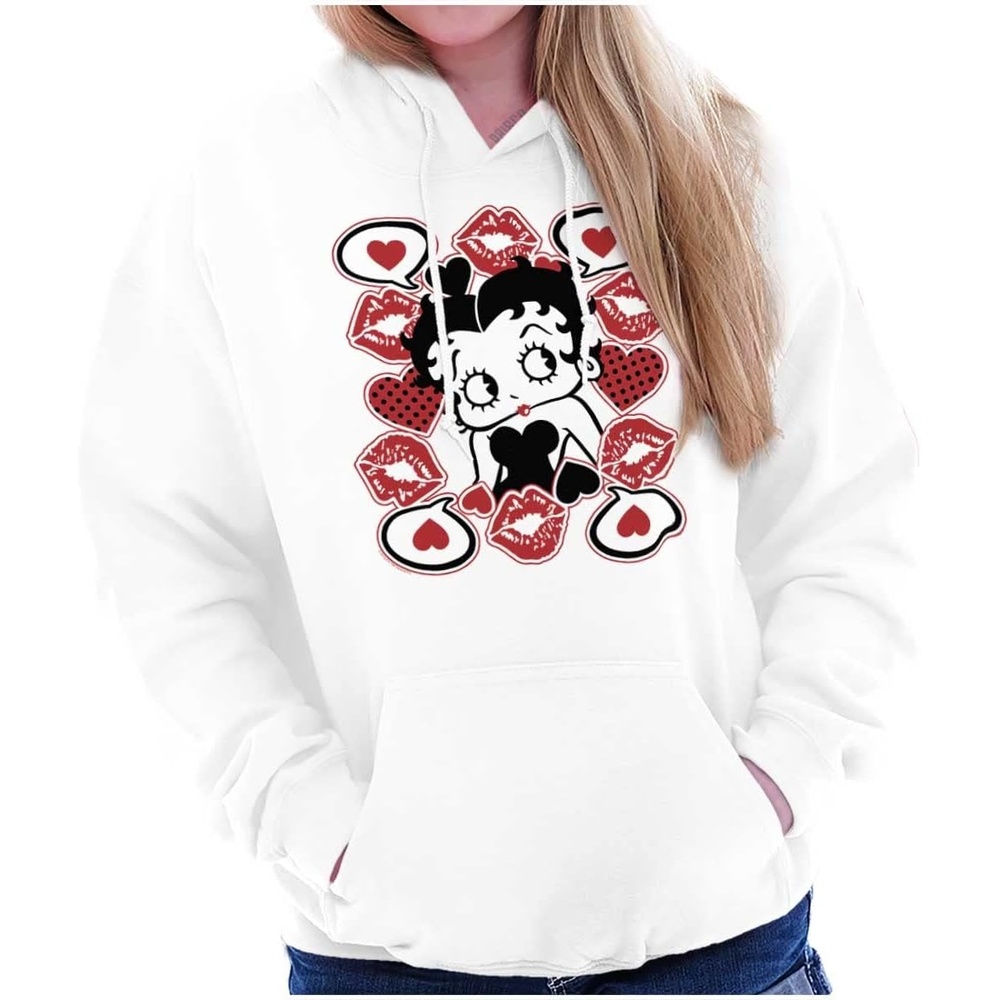 image:imageBrisco Brands Betty Boop Cartoon Hearts and Kisses Hoodie Sweatshirt WomenWhite