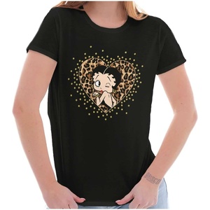 Betty Boop Cheetah Print Heart Womens Slim Fit Graphic Tee(Black)
