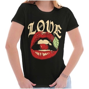 Vintage Love Lips Biting Cherry Womens Slim Fit Graphic Tee(Black)