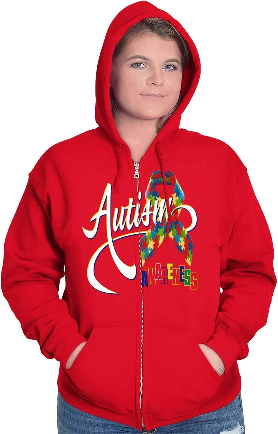 image:imageBrisco Brands Autism Awareness Disabled Autistic Zip Up Hoodie Mens WomensRed