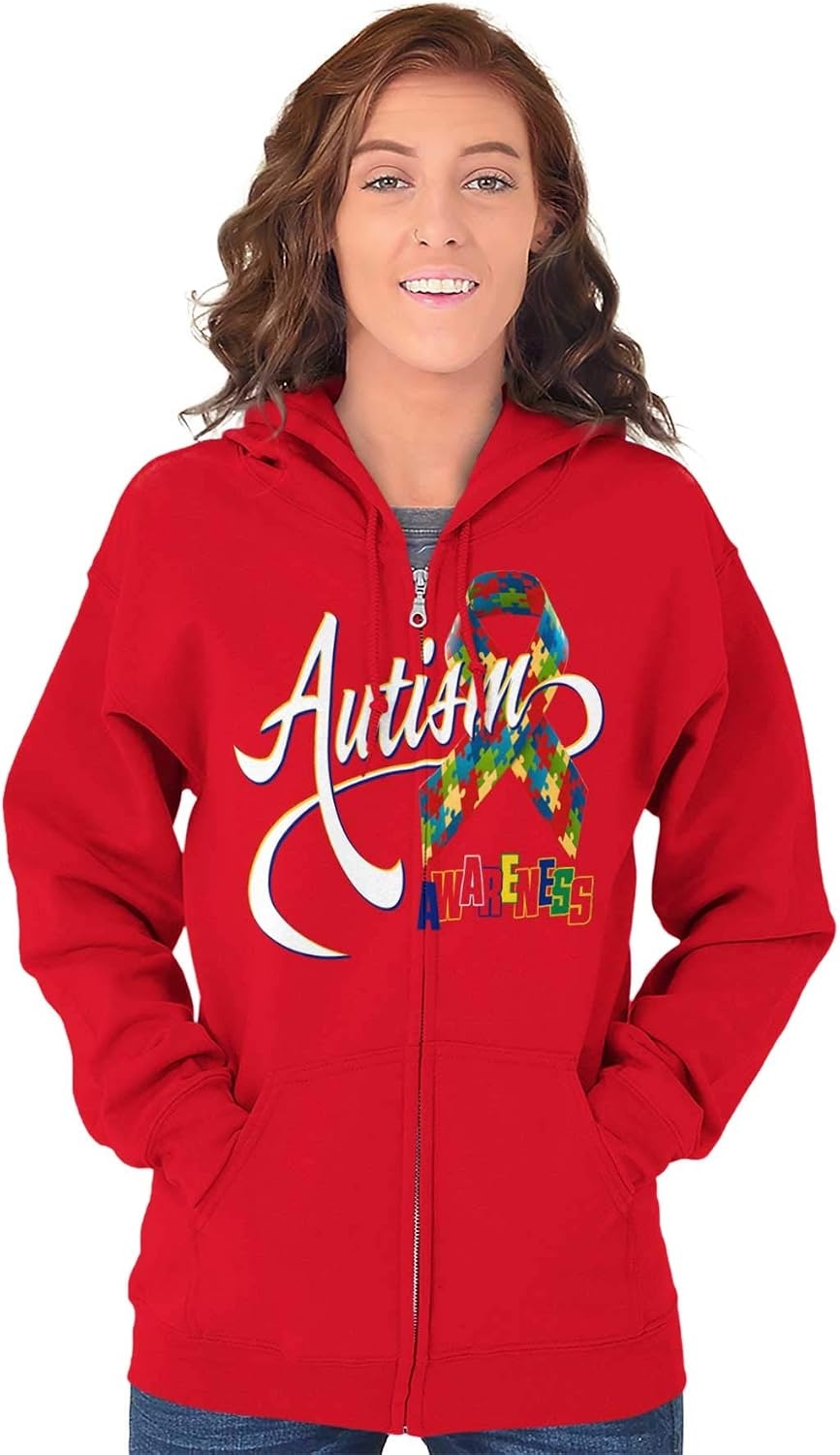 image:imageBrisco Brands Autism Awareness Disabled Autistic Zip Up Hoodie Mens WomensRed