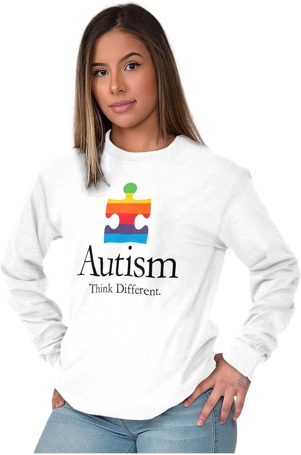 image:imageBrisco Brands Autism Puzzle Piece Think Different Long Sleeve Tshirt Men WomenWhite