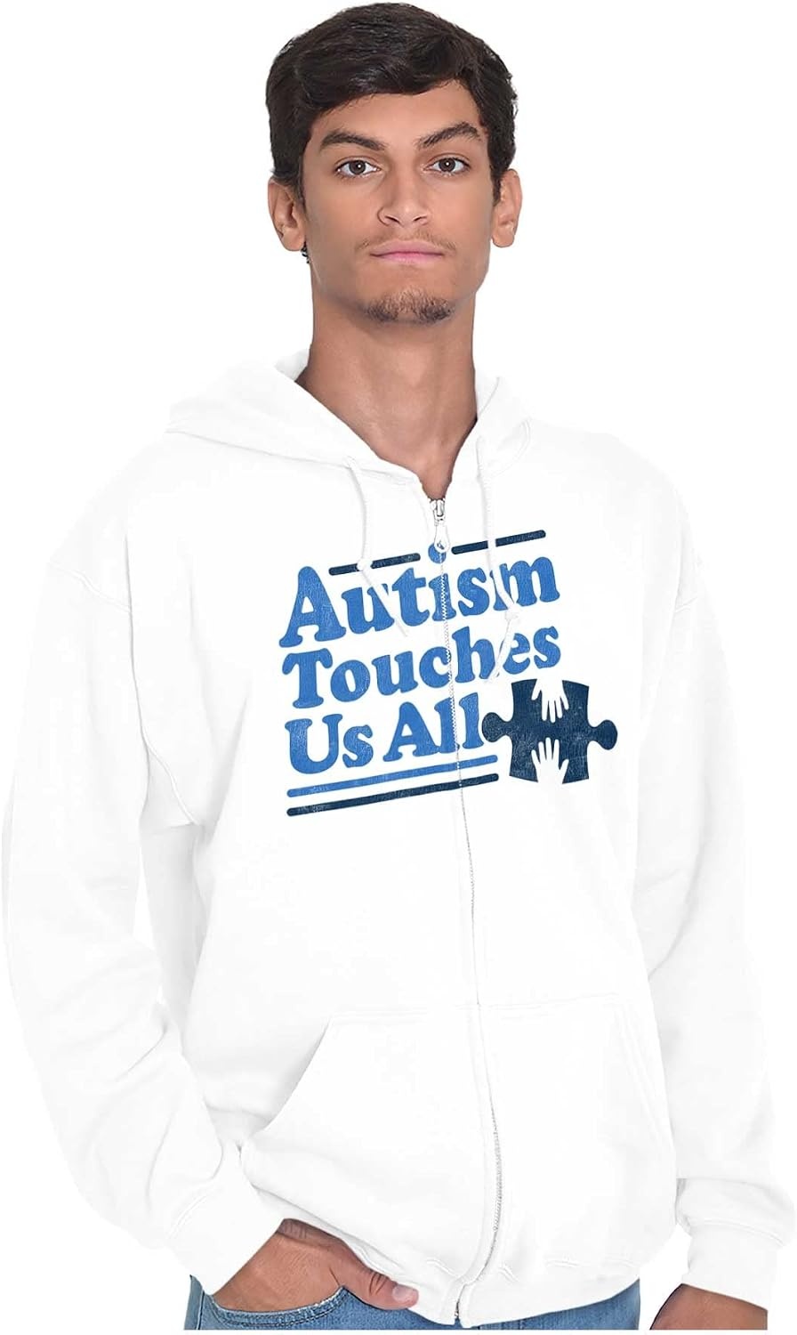 image:imageBrisco Brands Autism Touches Us All Puzzle Piece Zip Up Hoodie Mens WomensWhite
