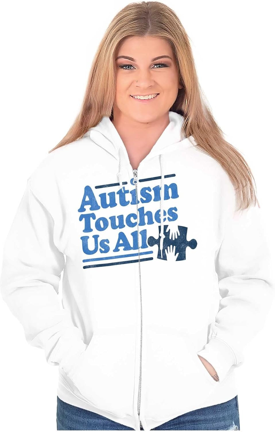 image:imageBrisco Brands Autism Touches Us All Puzzle Piece Zip Up Hoodie Mens WomensWhite