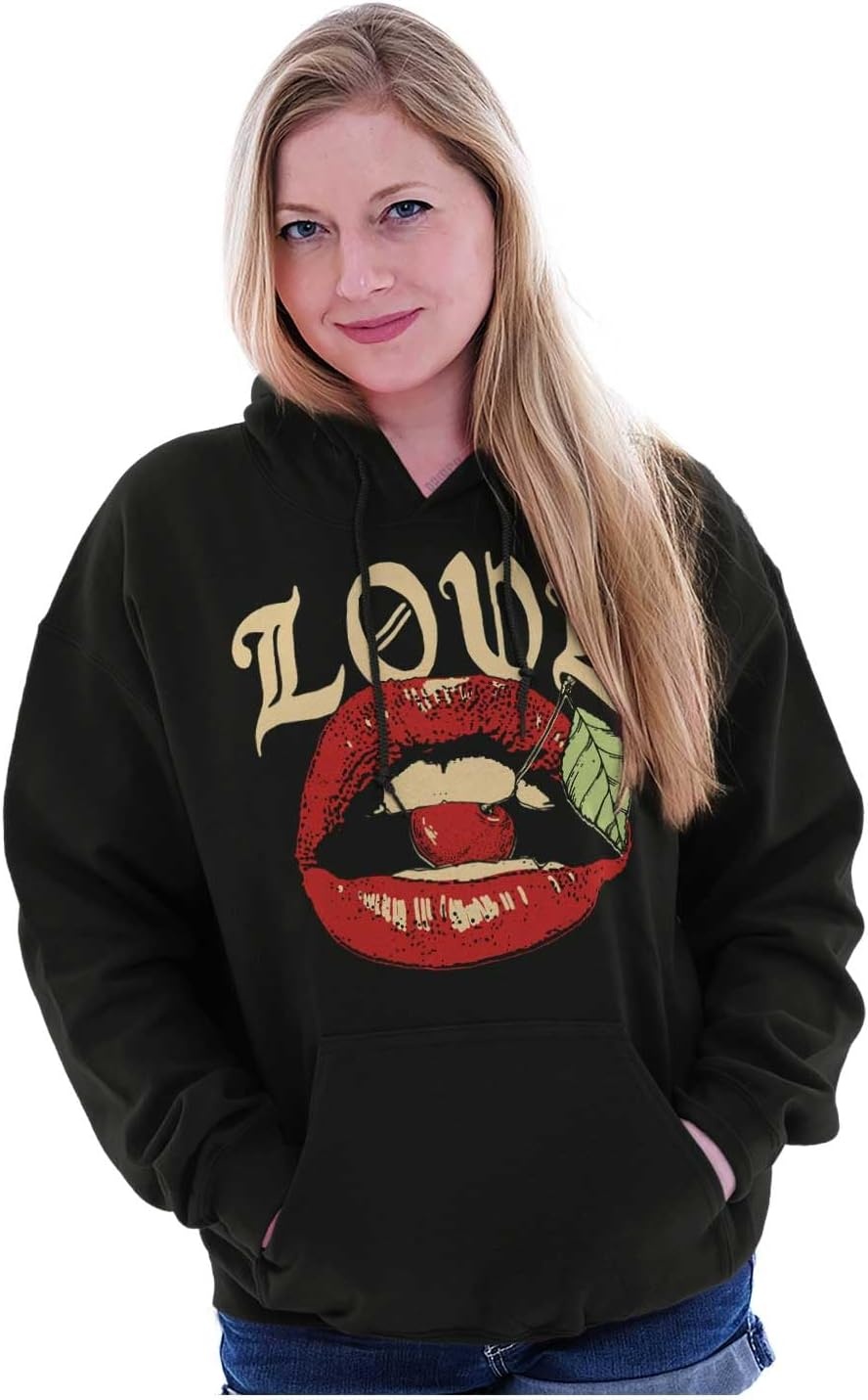 image:imageBrisco Brands Vintage Love Lips Biting Cherry Hoodie Sweatshirt Women MenBlack