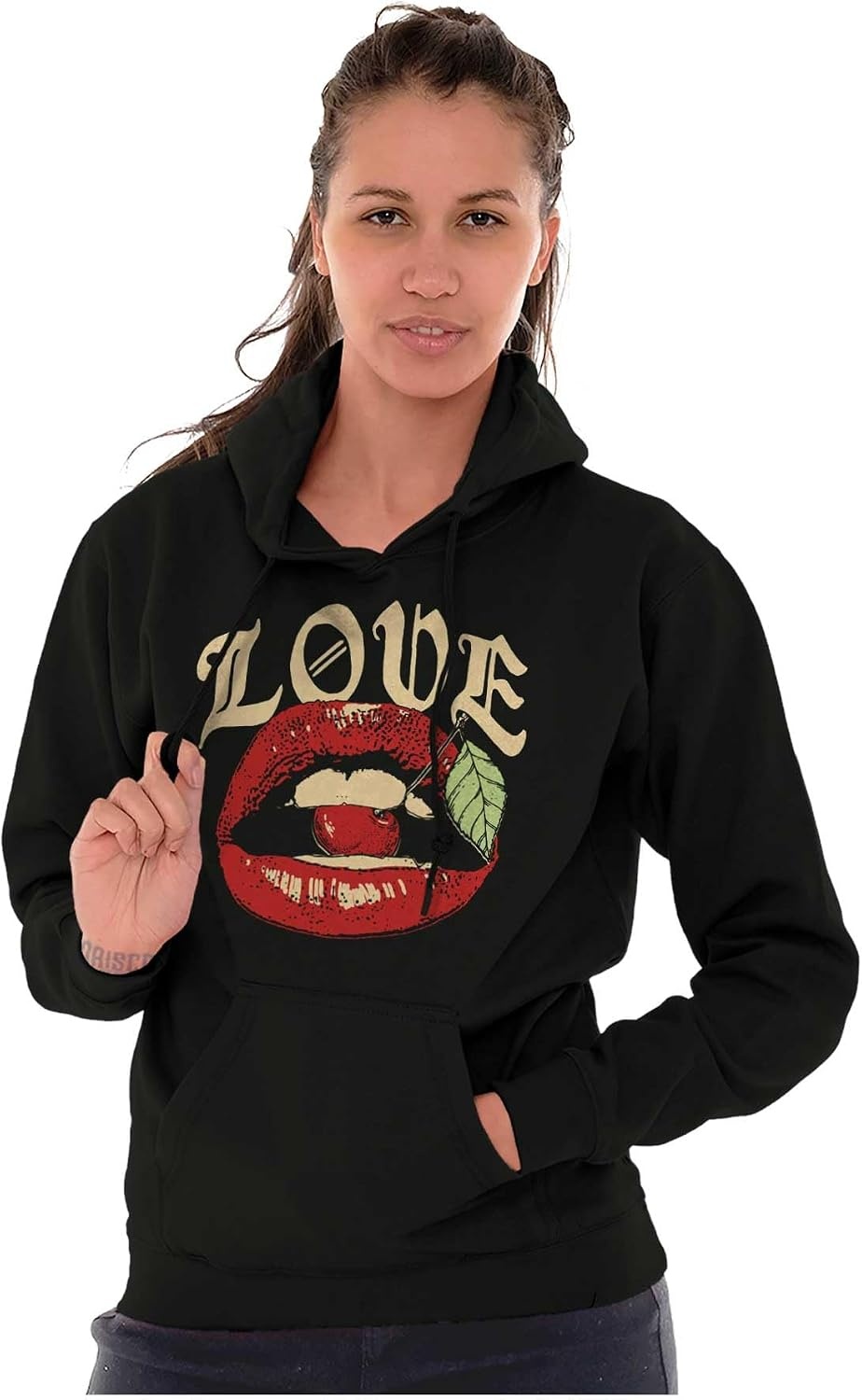 image:imageBrisco Brands Vintage Love Lips Biting Cherry Hoodie Sweatshirt Women MenBlack