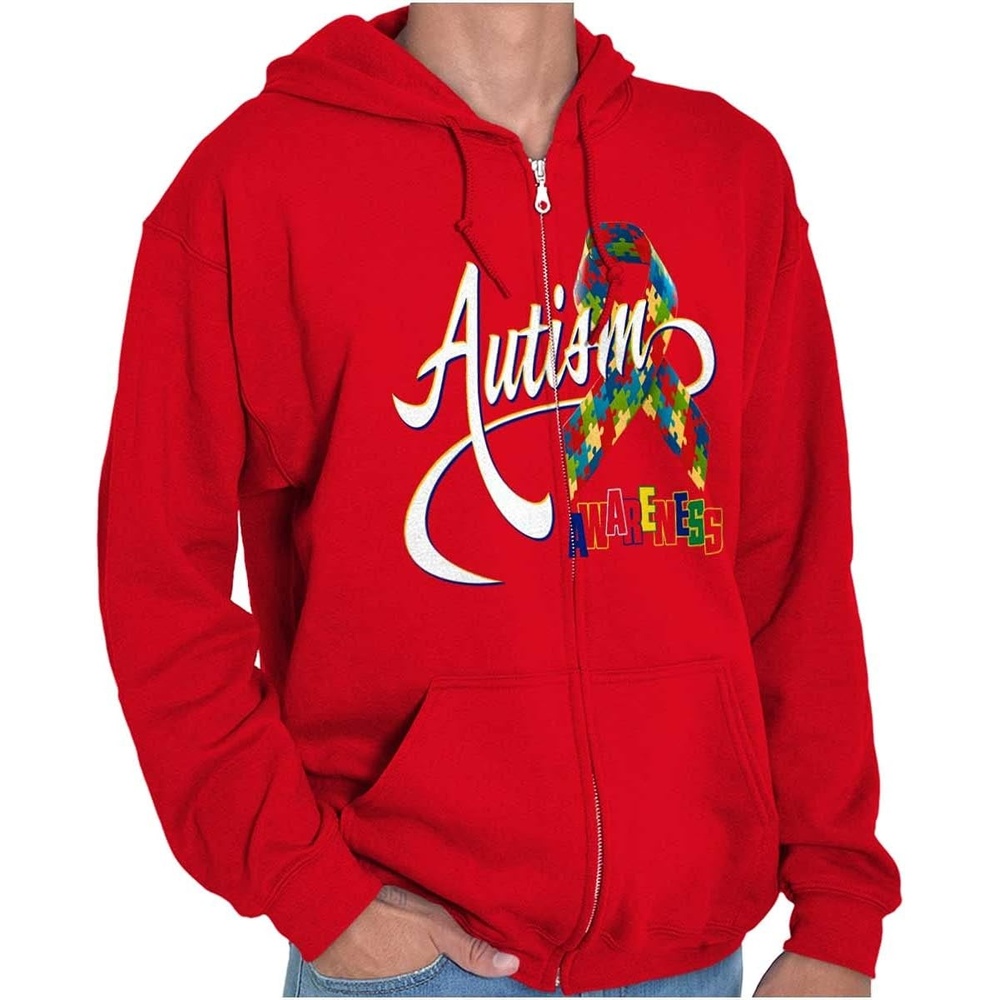 image:imageBrisco Brands Autism Awareness Disabled Autistic Zip Up Hoodie Mens WomensRed