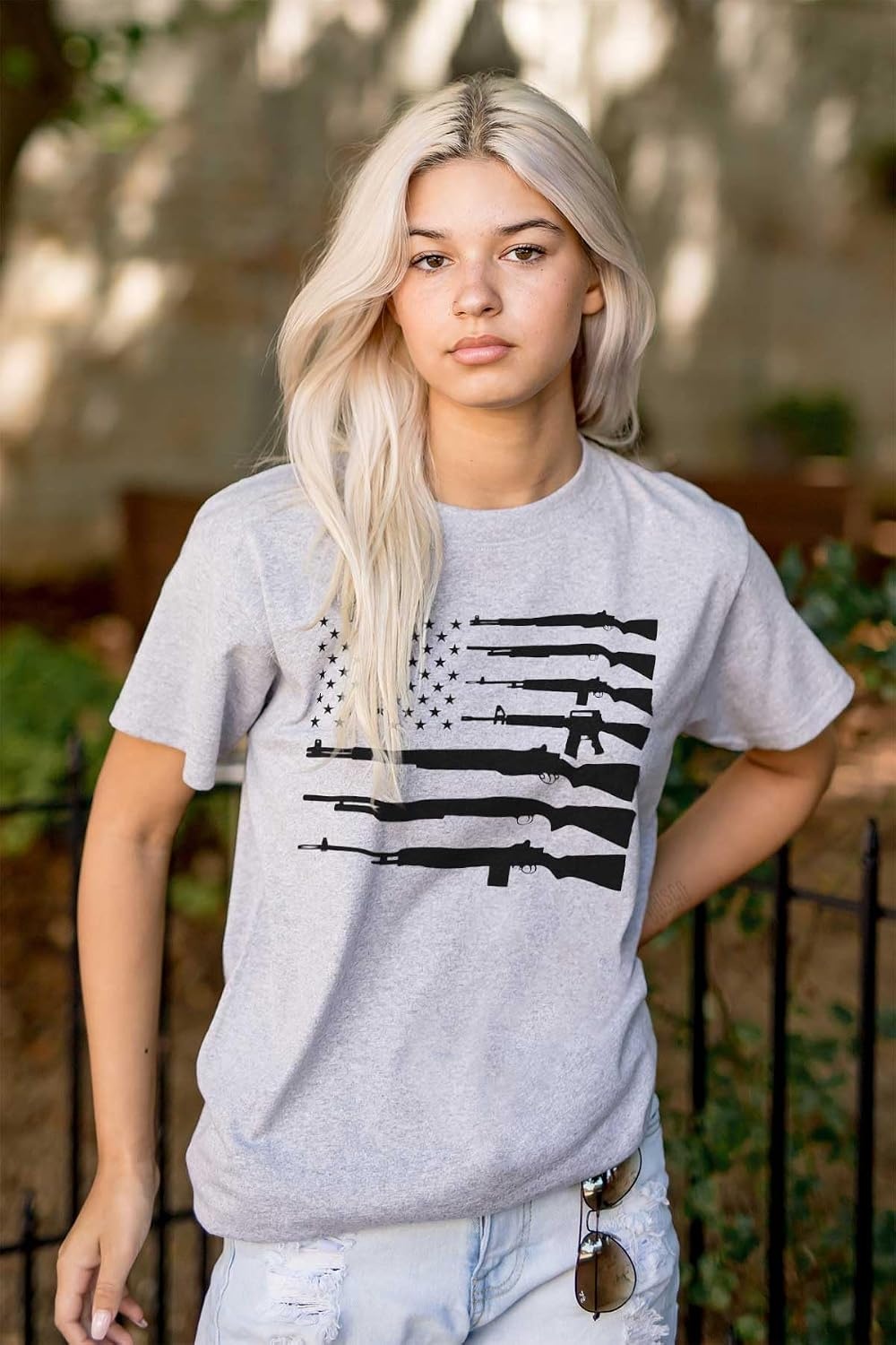 image:imageAmerican Flag Arms USA Pro 2A Rights Graphic T Shirt Men or WomenSport Grey