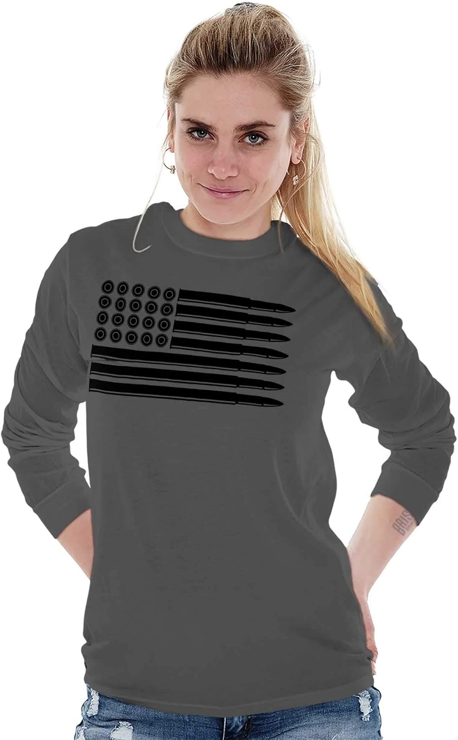 image:imageBrisco Brands Ammo Bullet 2nd Amendment Flag Long Sleeve Tshirt Men WomenCharcoal