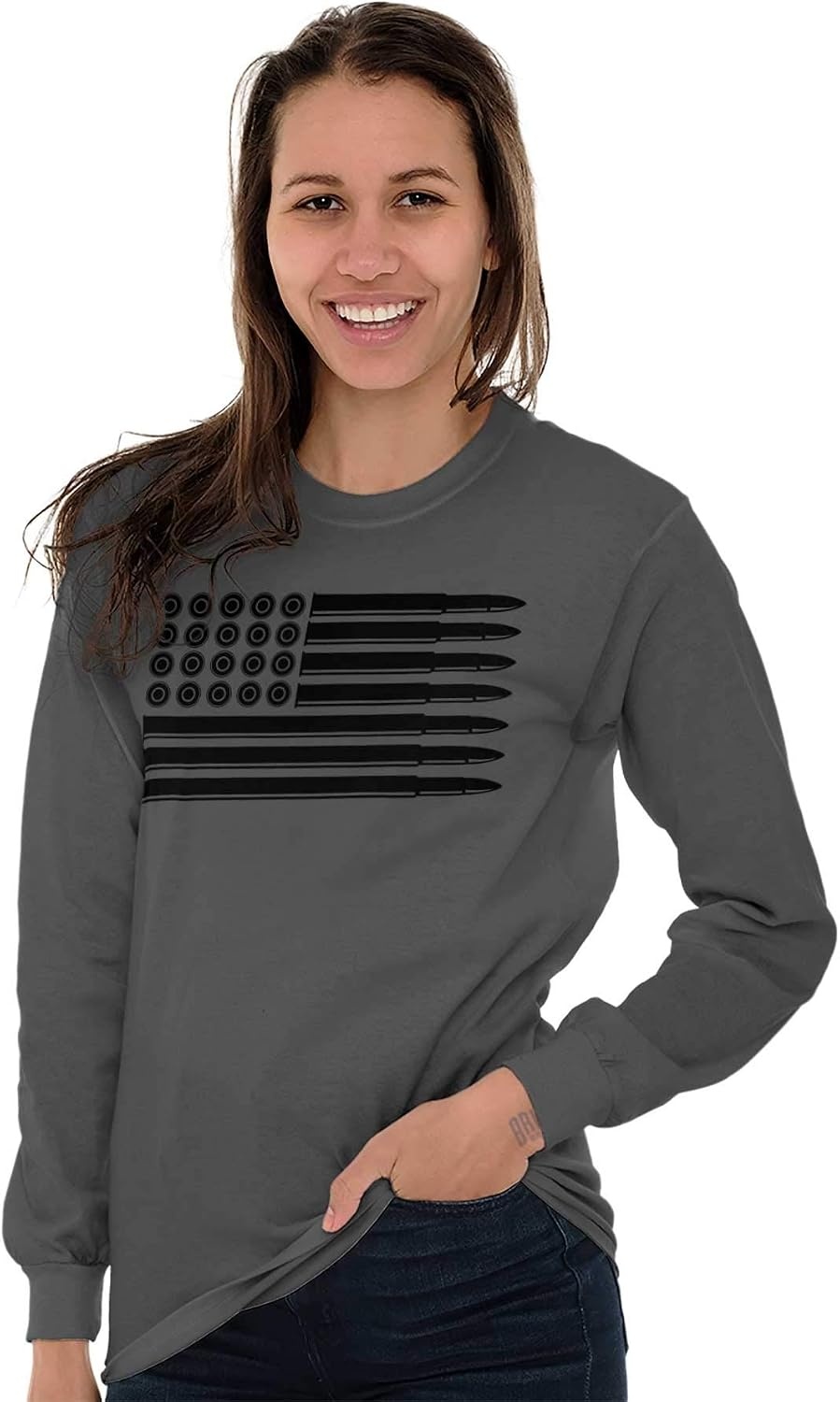 image:imageBrisco Brands Ammo Bullet 2nd Amendment Flag Long Sleeve Tshirt Men WomenCharcoal