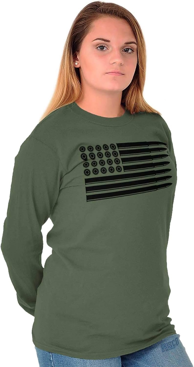 image:imageBrisco Brands Ammo Bullet 2nd Amendment Flag Long Sleeve Tshirt Men WomenMilitary Green