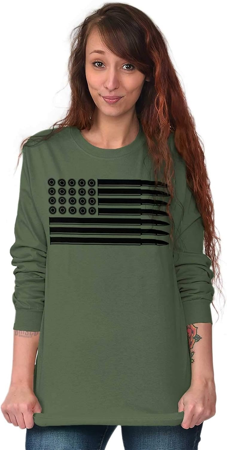 image:imageBrisco Brands Ammo Bullet 2nd Amendment Flag Long Sleeve Tshirt Men WomenMilitary Green