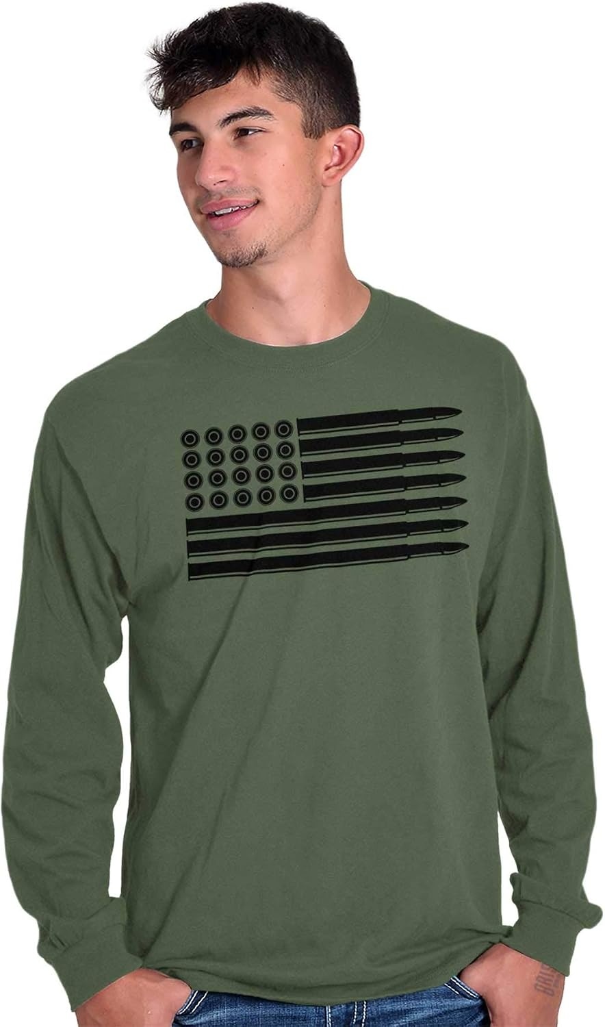 image:imageBrisco Brands Ammo Bullet 2nd Amendment Flag Long Sleeve Tshirt Men WomenMilitary Green