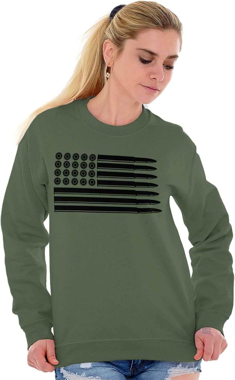 image:imageBrisco Brands Ammo Bullet 2nd Amendment Flag Sweatshirt for Men or WomenMilitary Green
