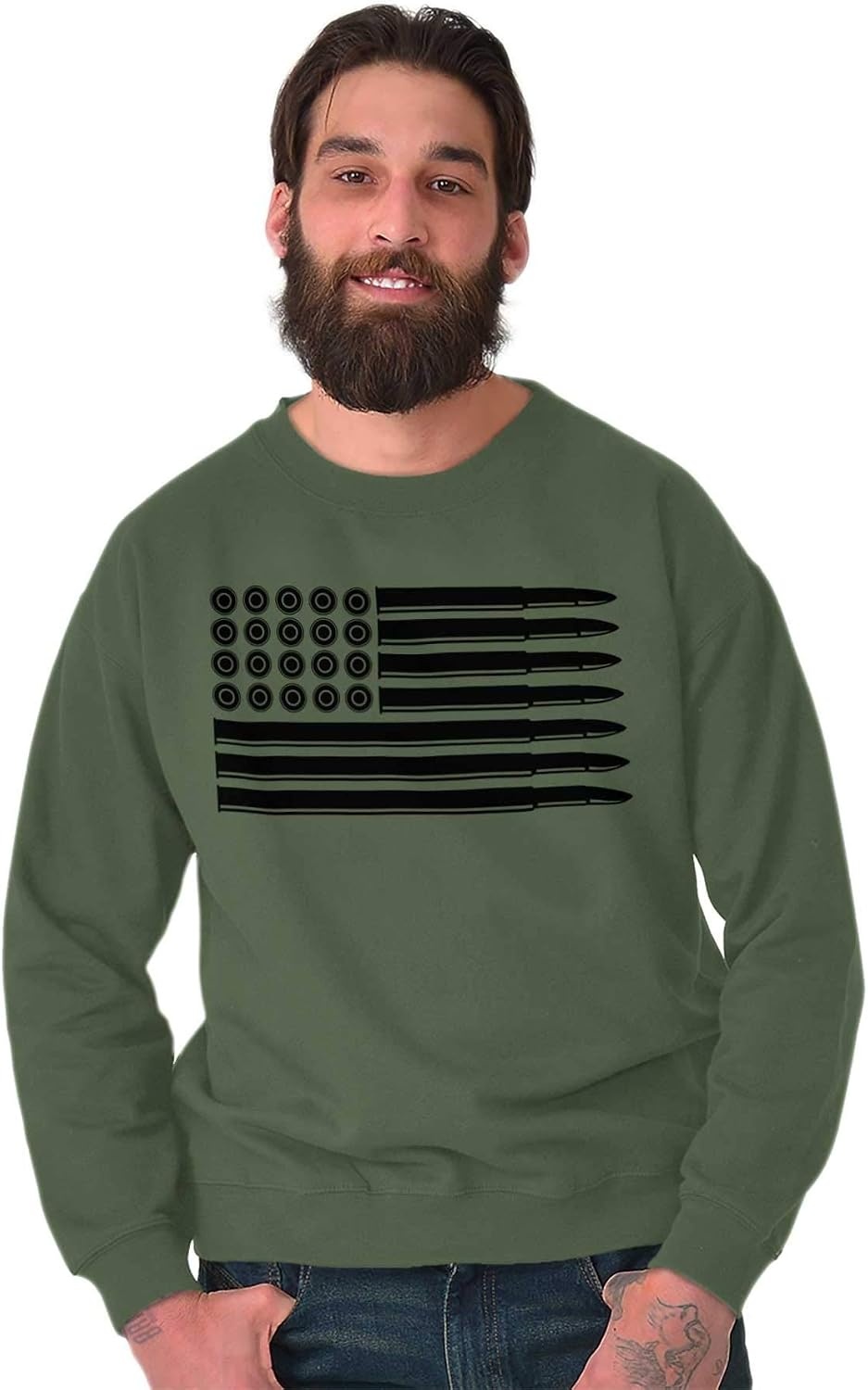 image:imageBrisco Brands Ammo Bullet 2nd Amendment Flag Sweatshirt for Men or WomenMilitary Green
