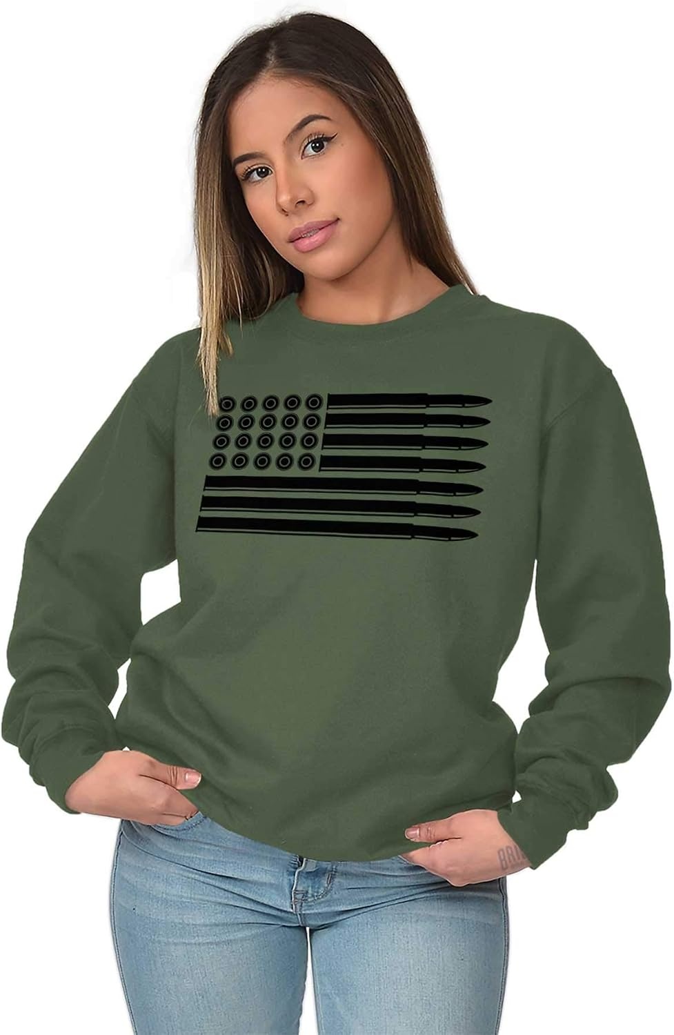 image:imageBrisco Brands Ammo Bullet 2nd Amendment Flag Sweatshirt for Men or WomenMilitary Green
