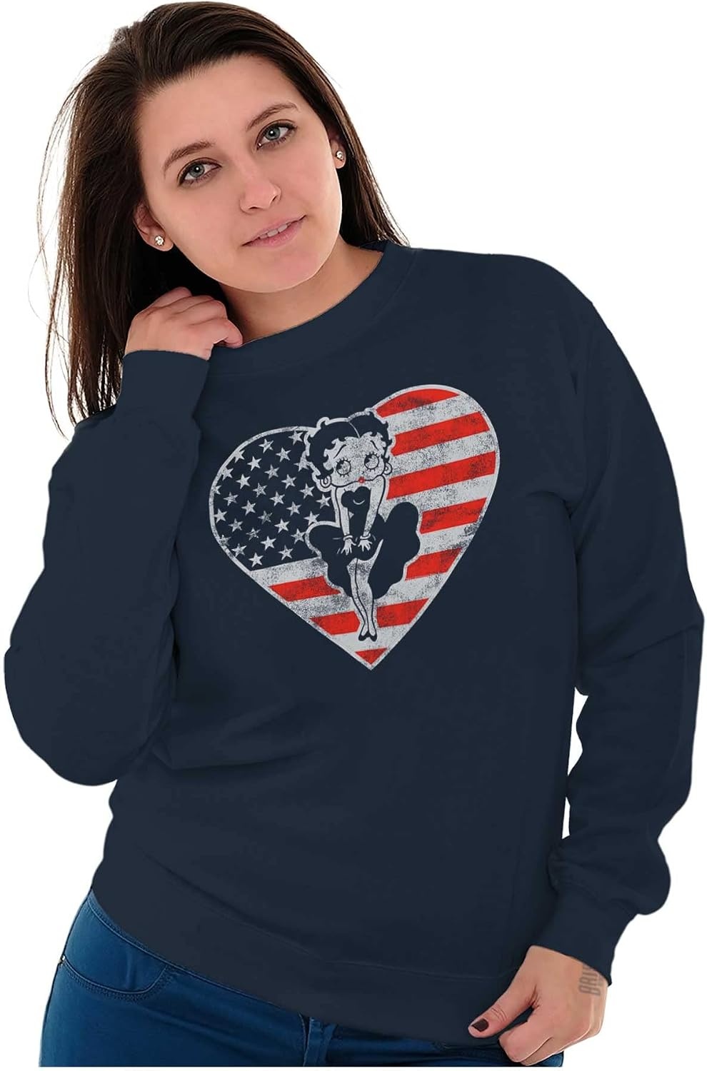 image:imageBrisco Brands Betty Boop Heart Patriotic Vintage Women Crewneck SweatshirtNavy