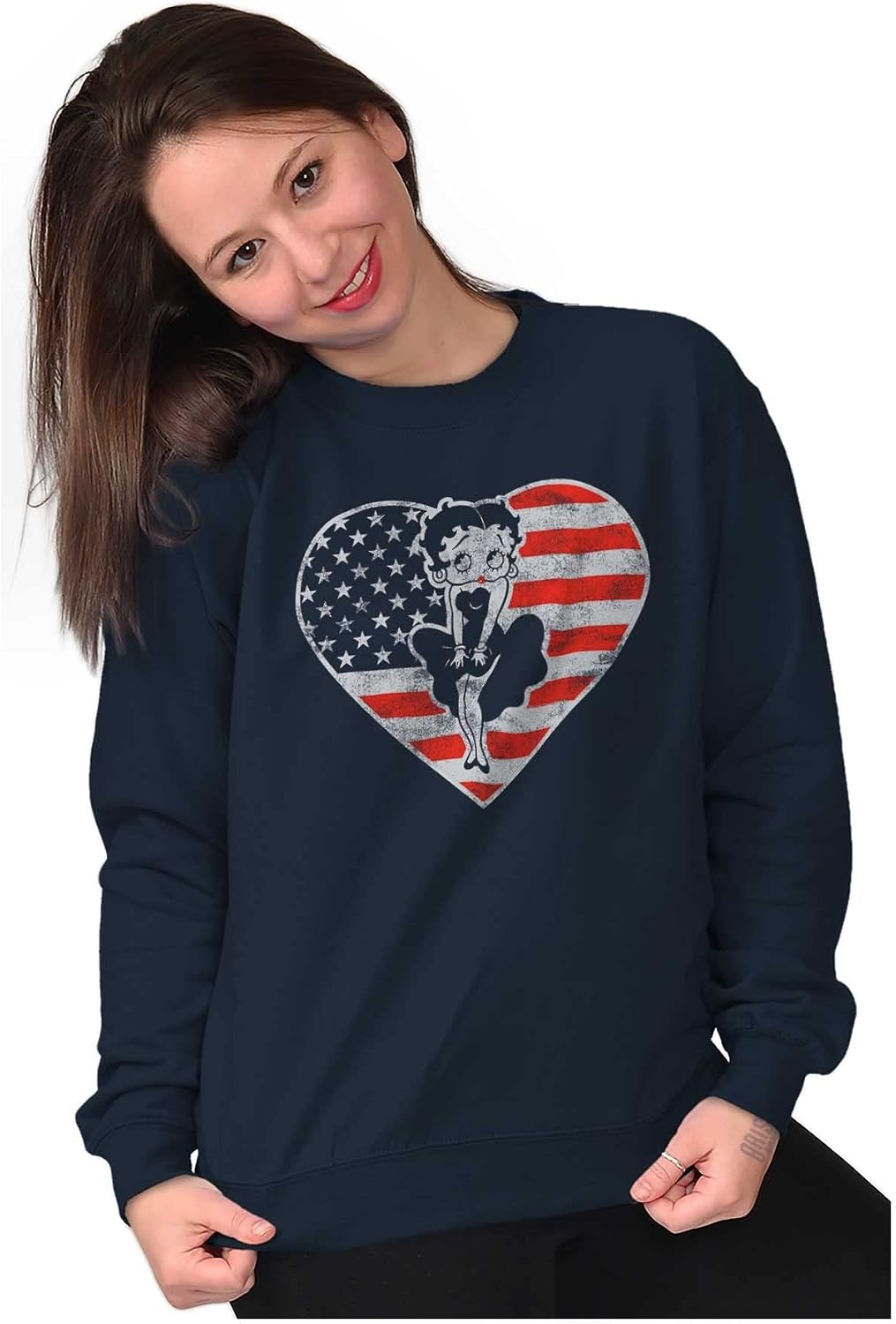 image:imageBrisco Brands Betty Boop Heart Patriotic Vintage Women Crewneck SweatshirtNavy