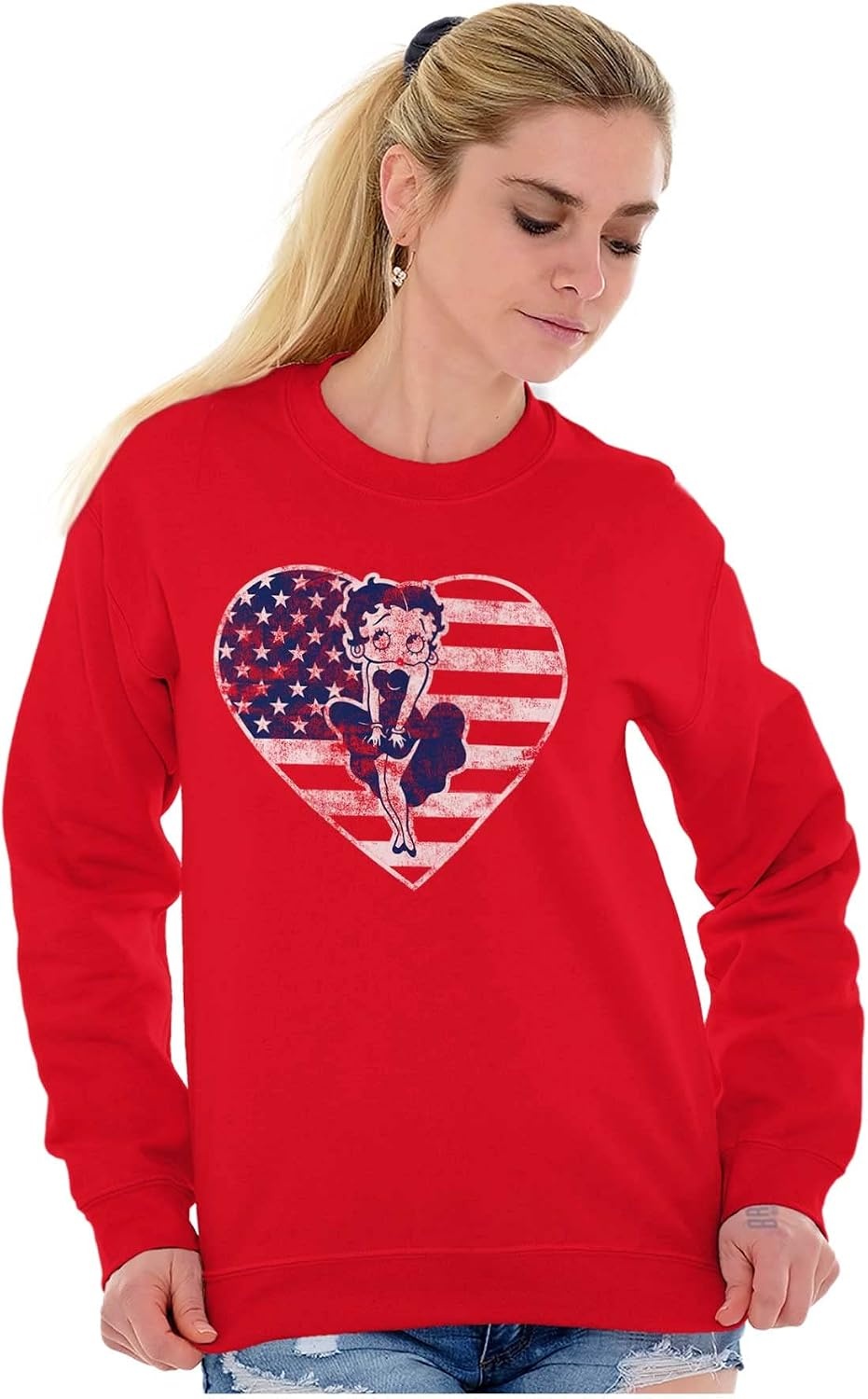 image:imageBrisco Brands Betty Boop Heart Patriotic Vintage Women Crewneck SweatshirtRed