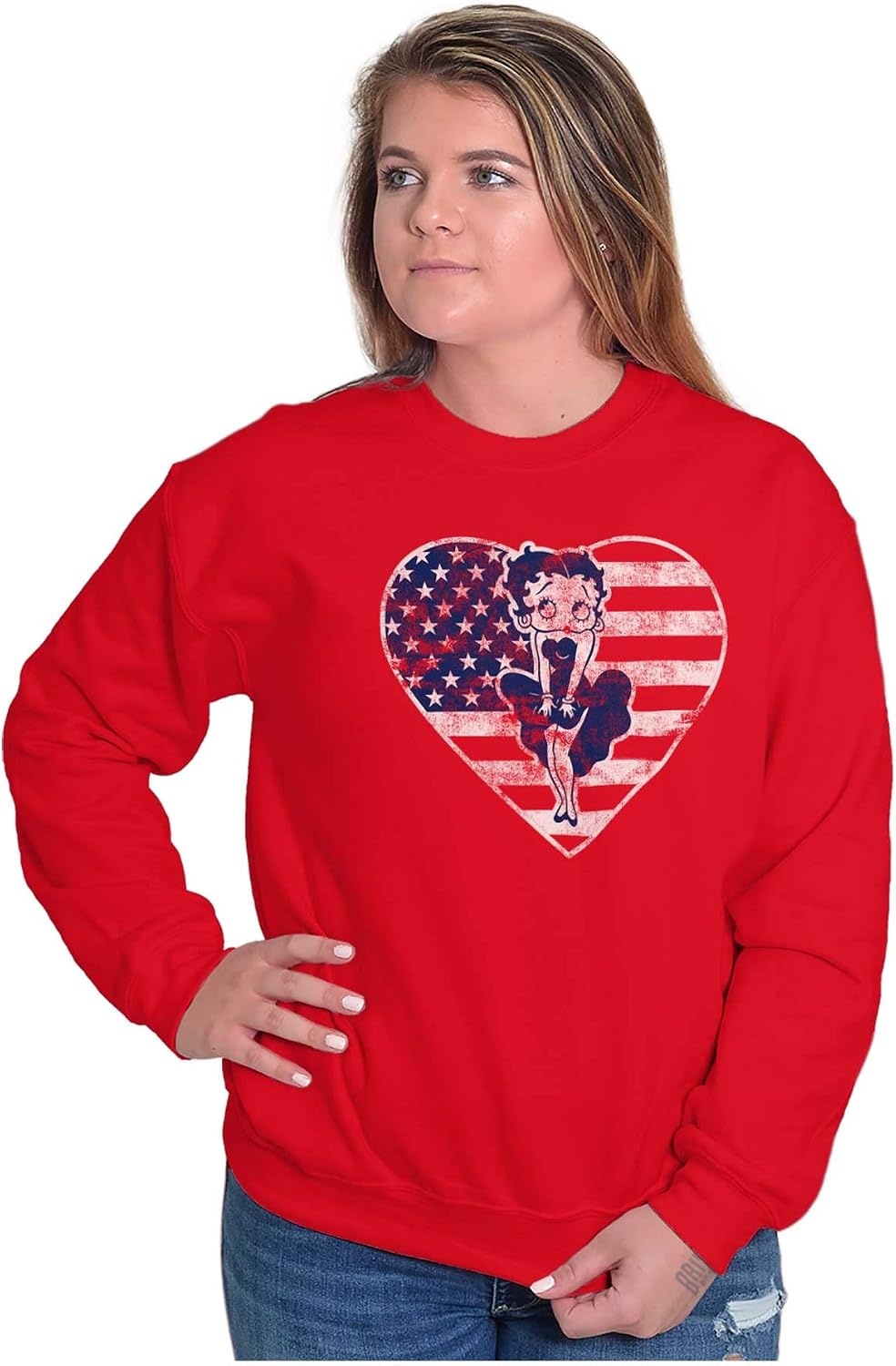 image:imageBrisco Brands Betty Boop Heart Patriotic Vintage Women Crewneck SweatshirtRed