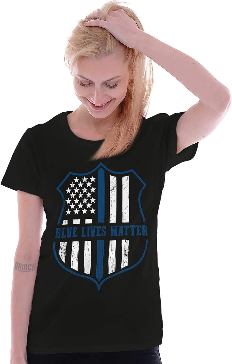 image:imageBrisco Brands Blue Line American Flag Police Badge Womens Slim Fit Graphic TeeBlack