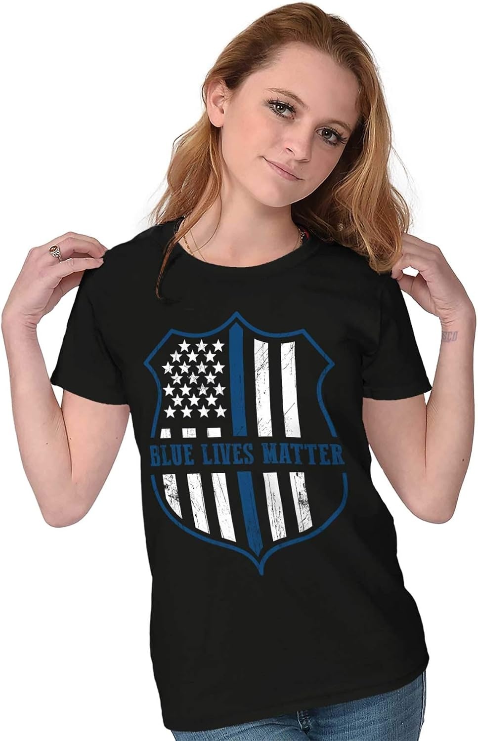image:imageBrisco Brands Blue Line American Flag Police Badge Womens Slim Fit Graphic TeeBlack