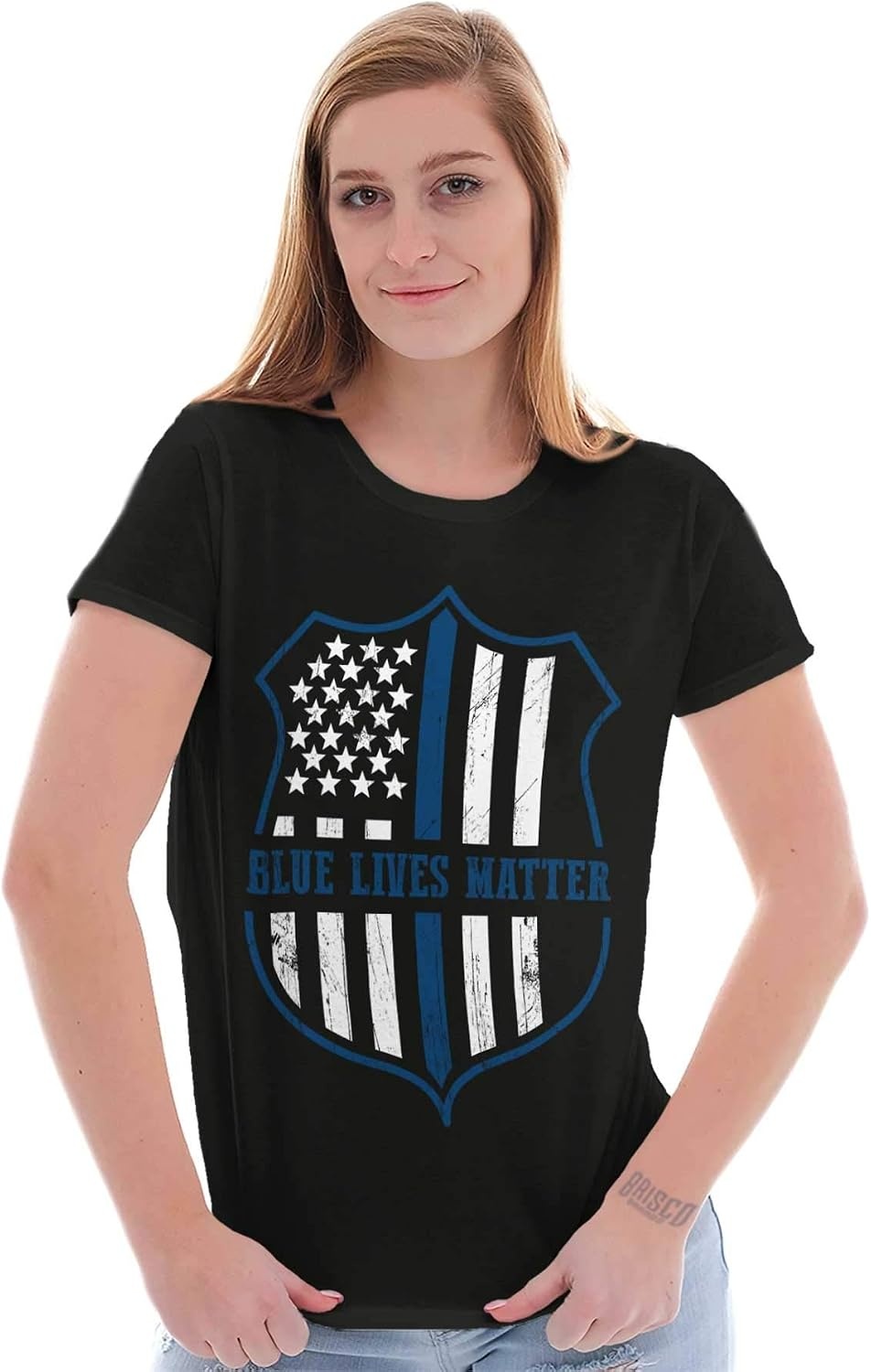 image:imageBrisco Brands Blue Line American Flag Police Badge Womens Slim Fit Graphic TeeBlack