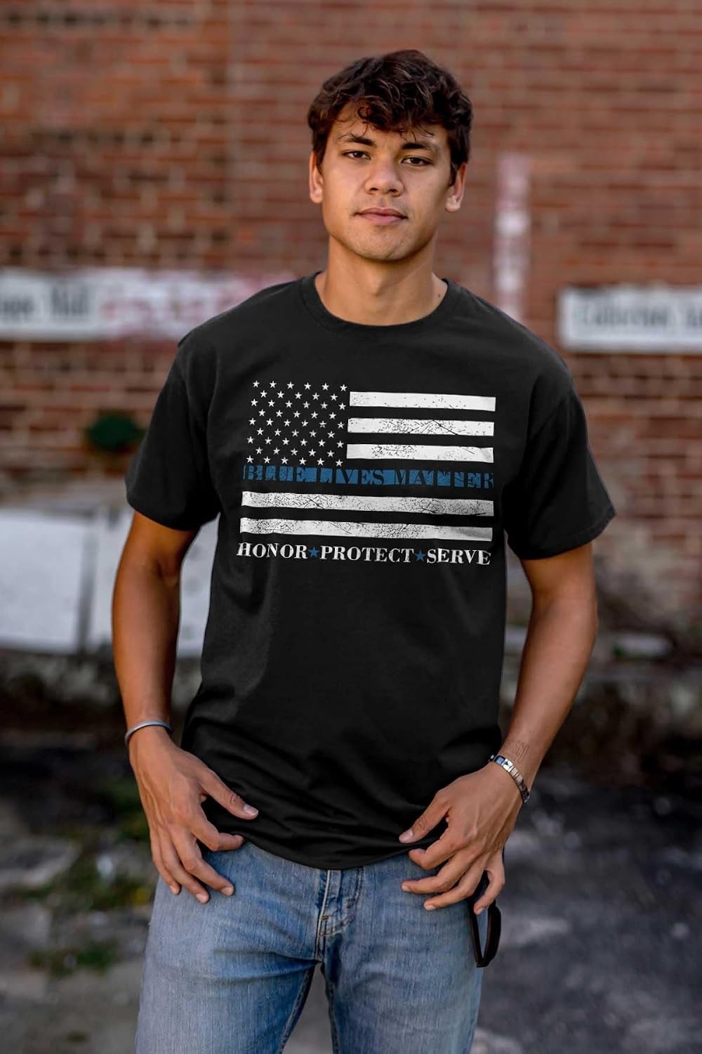 image:imageBrisco Brands Blue Line US Flag Honor Protect Serve Graphic T Shirt Men or WomenBlack