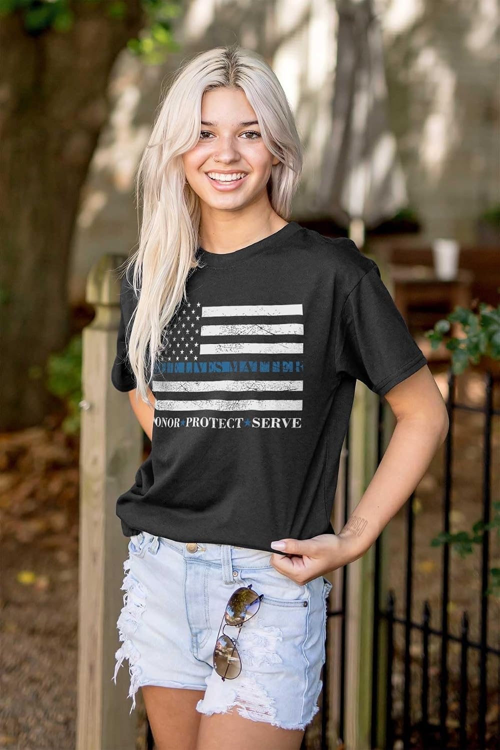 image:imageBrisco Brands Blue Line US Flag Honor Protect Serve Graphic T Shirt Men or WomenBlack