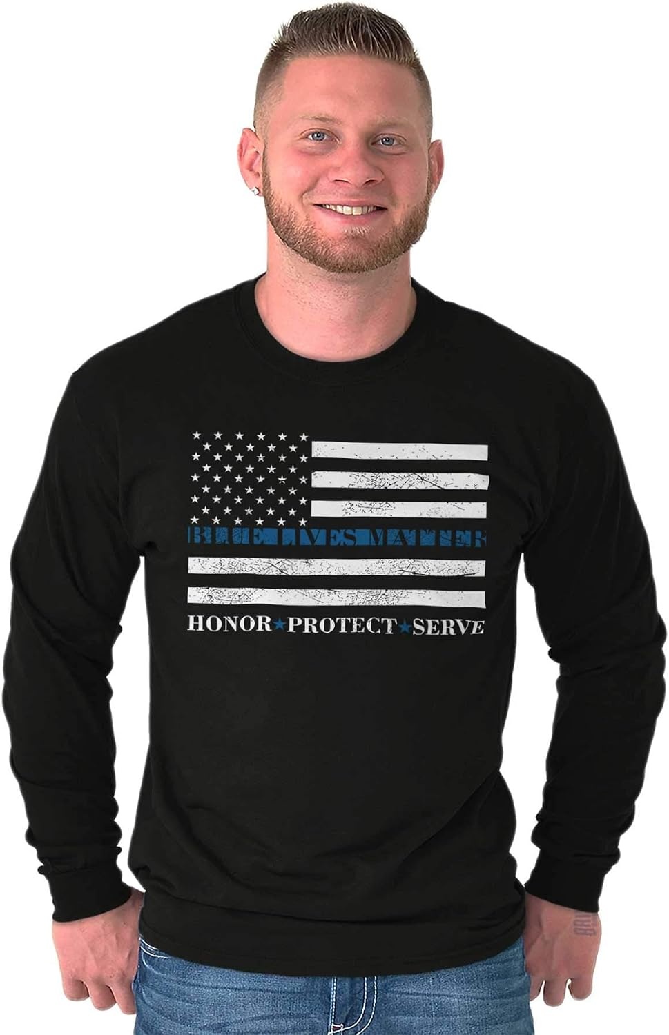 image:imageBrisco Brands Blue Line US Flag Honor Protect Serve Long Sleeve Tshirt Men WomenBlack