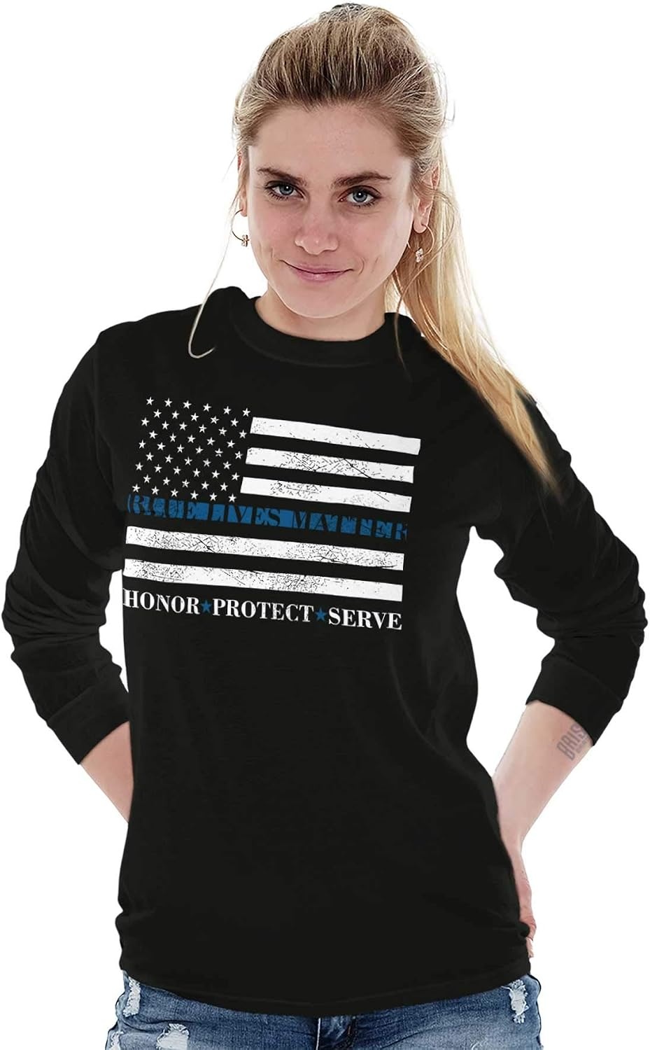 image:imageBrisco Brands Blue Line US Flag Honor Protect Serve Long Sleeve Tshirt Men WomenBlack