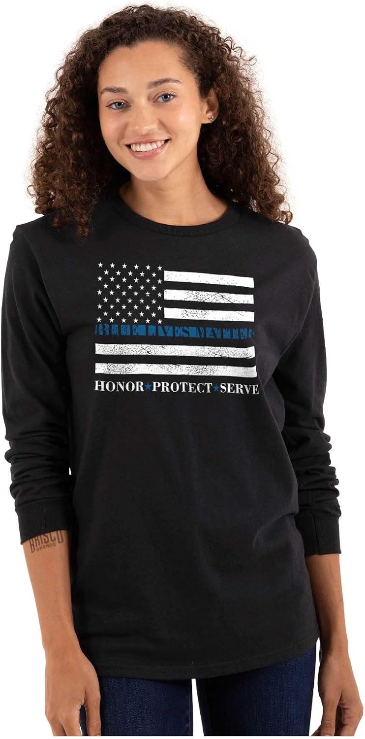 image:imageBrisco Brands Blue Line US Flag Honor Protect Serve Long Sleeve Tshirt Men WomenBlack