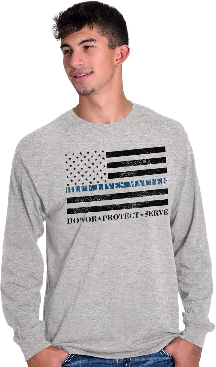 image:imageBrisco Brands Blue Line US Flag Honor Protect Serve Long Sleeve Tshirt Men WomenSport Grey