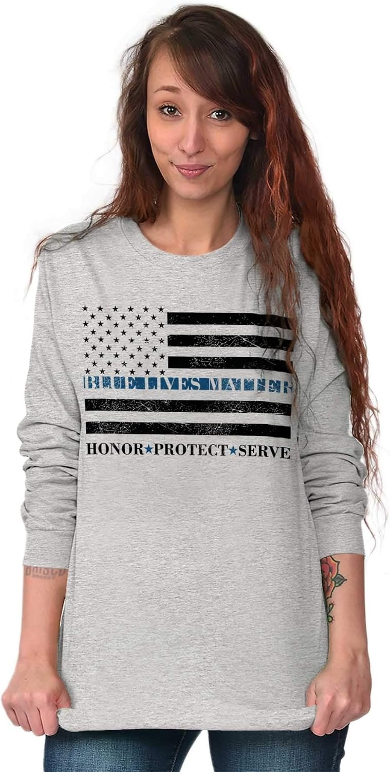 image:imageBrisco Brands Blue Line US Flag Honor Protect Serve Long Sleeve Tshirt Men WomenSport Grey