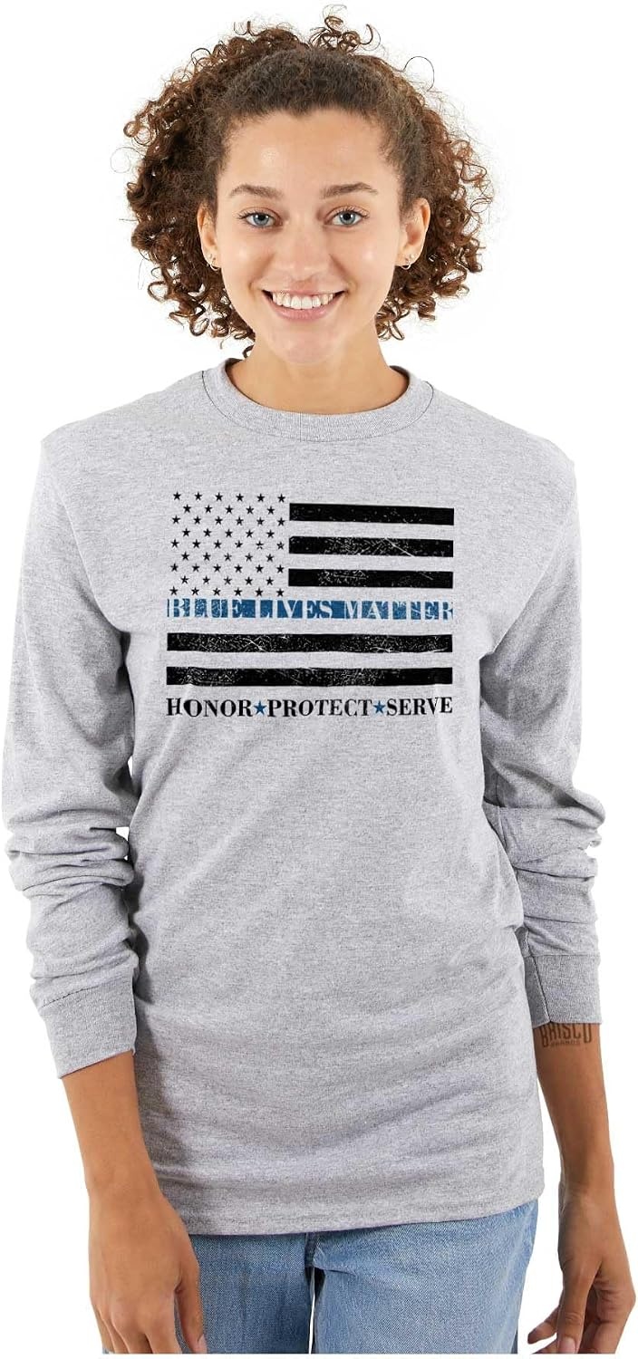 image:imageBrisco Brands Blue Line US Flag Honor Protect Serve Long Sleeve Tshirt Men WomenSport Grey