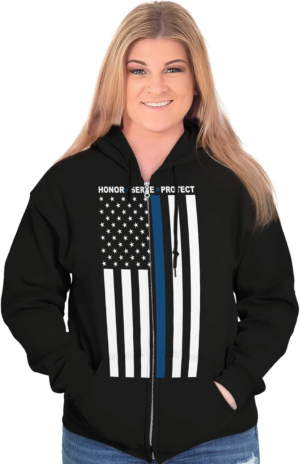 image:imageBrisco Brands Heroes Wear Blue Police Supporter Zip Up Hoodie Mens Womens