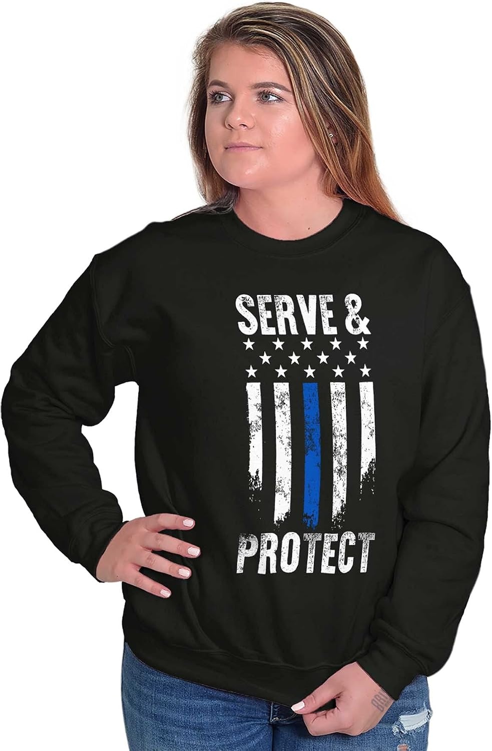 image:imageBrisco Brands Protect and Serve Blue Line USA Flag Sweatshirt for Men or WomenBlack